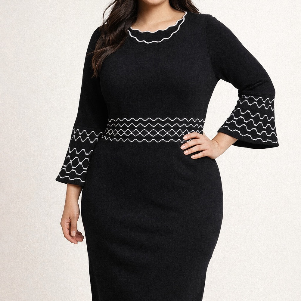 Nina Leonard Black Sheath Dress with White Scallop Trim